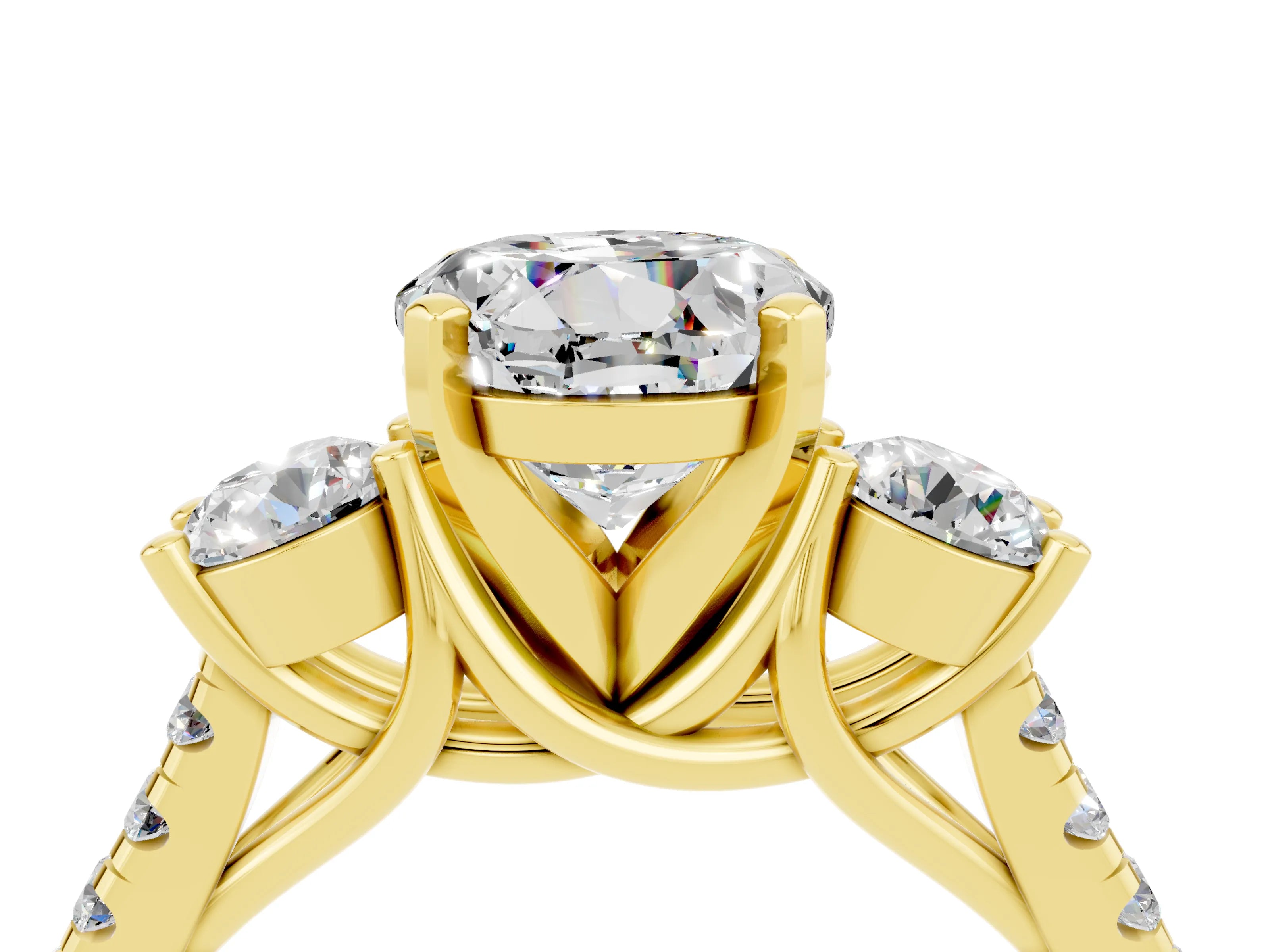 Yellow gold Three-Stone Round Cut Moissanite Pavé Band with Four-Prong Setting_4