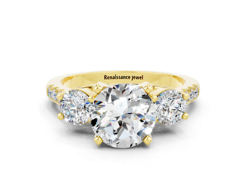Yellow gold Three-Stone Round Cut Moissanite Pavé Band with Four-Prong Setting