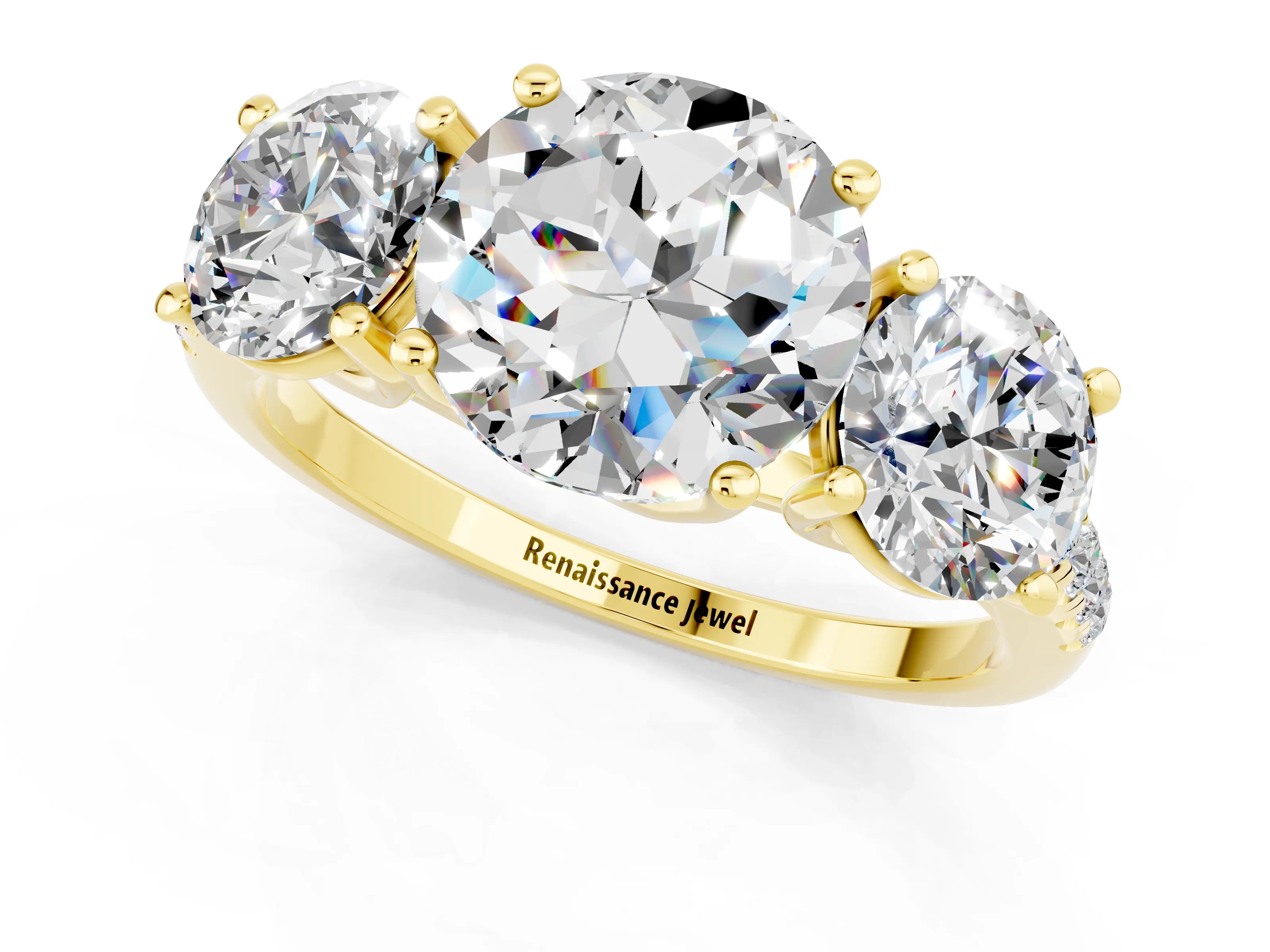 Yellow gold Three-Stone Round Cut Moissanite Ring with Pavé Band and Prong Setting_13