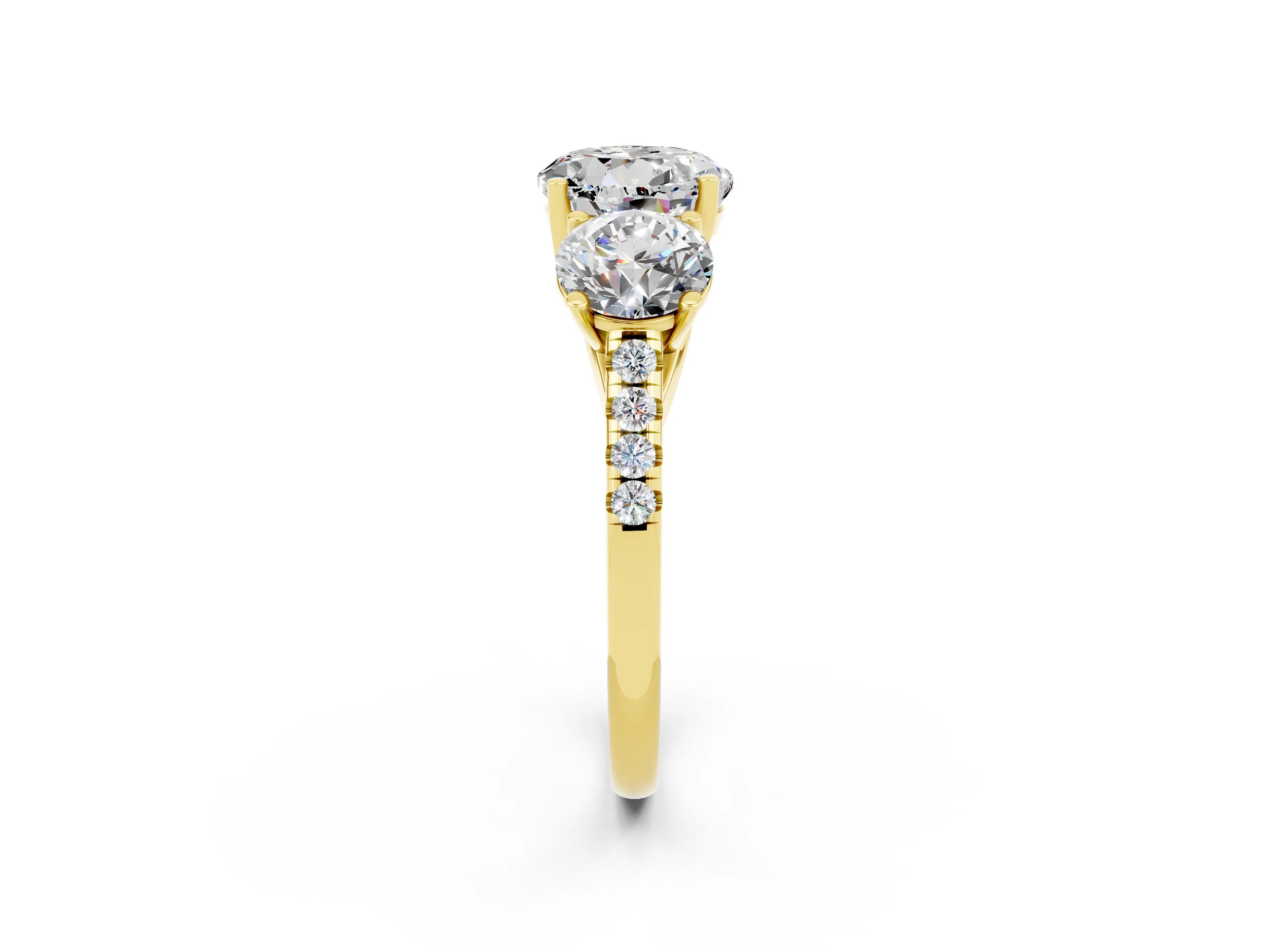 Yellow gold Three-Stone Round Cut Moissanite Ring with Pavé Band and Prong Setting_14