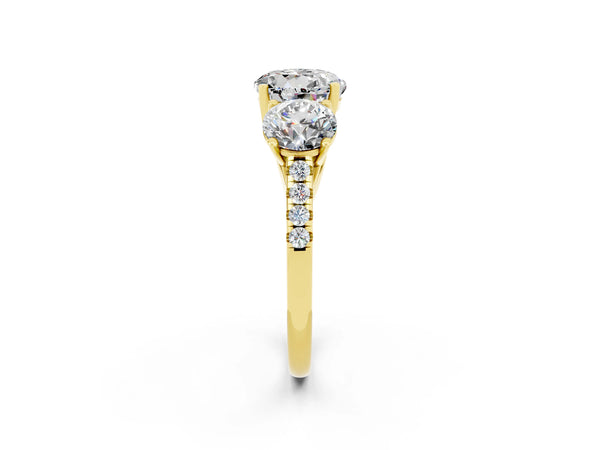 Yellow gold Three-Stone Round Cut Moissanite Ring with Round  Pavé Band and Prong Setting