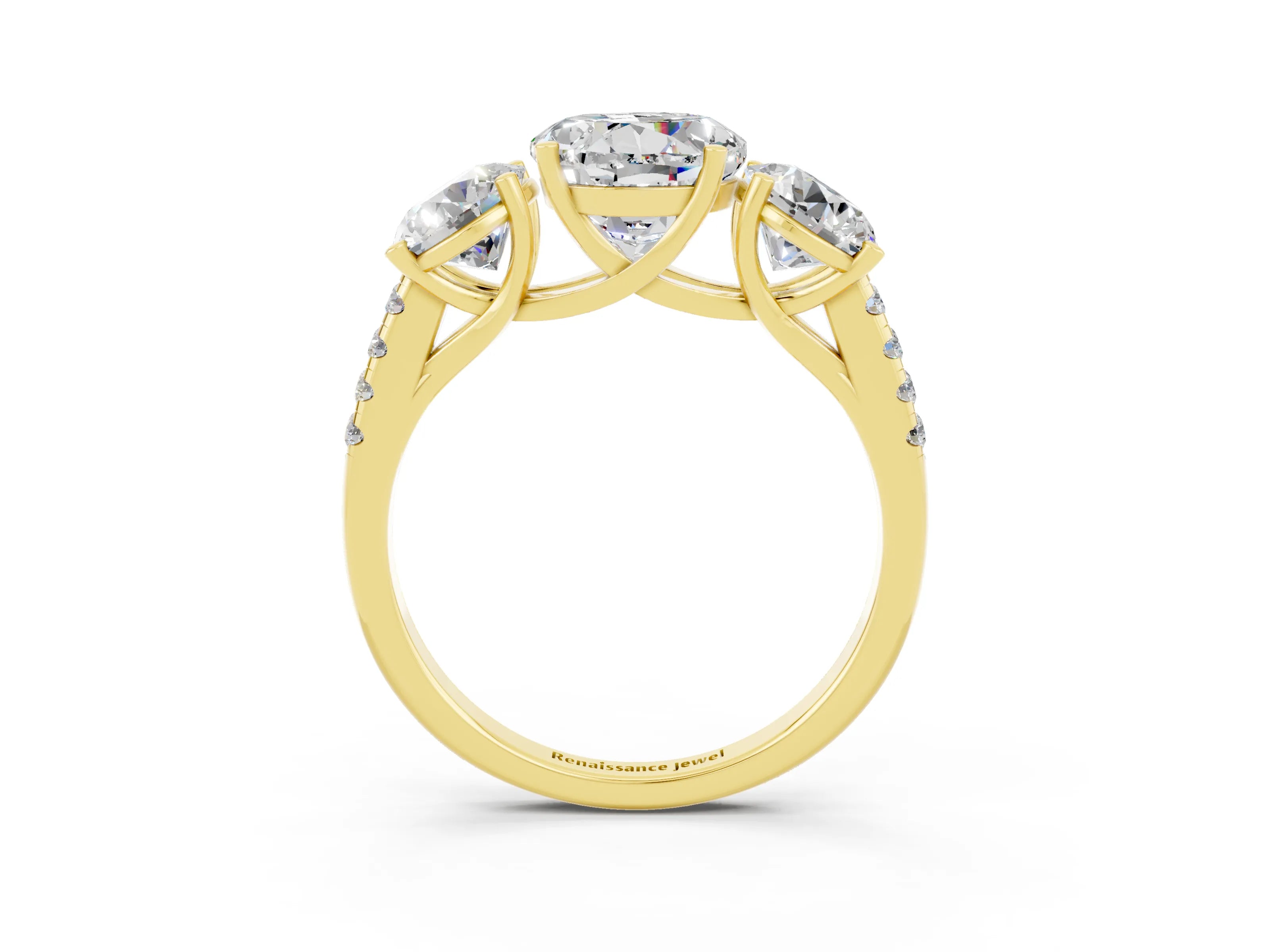 Yellow gold Three-Stone Round Cut Moissanite Ring with Pavé Band and Prong Setting_15