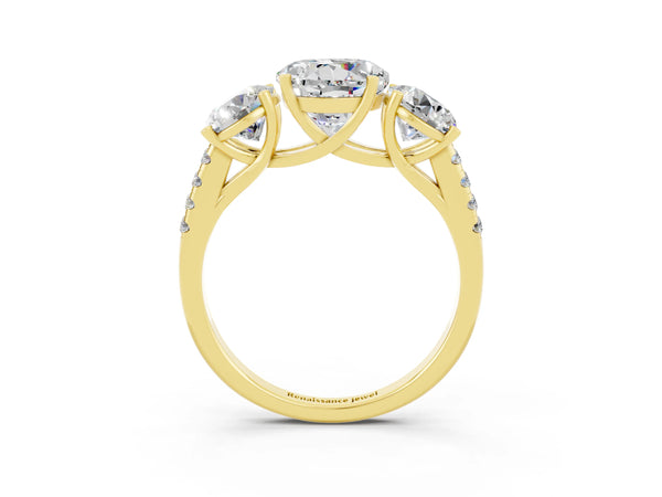 Yellow gold Three-Stone Round Cut Moissanite Ring with Round  Pavé Band and Prong Setting