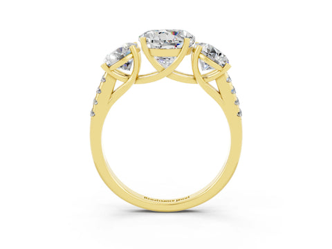 Yellow gold Three-Stone Round Cut Moissanite Ring with Pavé Band and Prong Setting_15