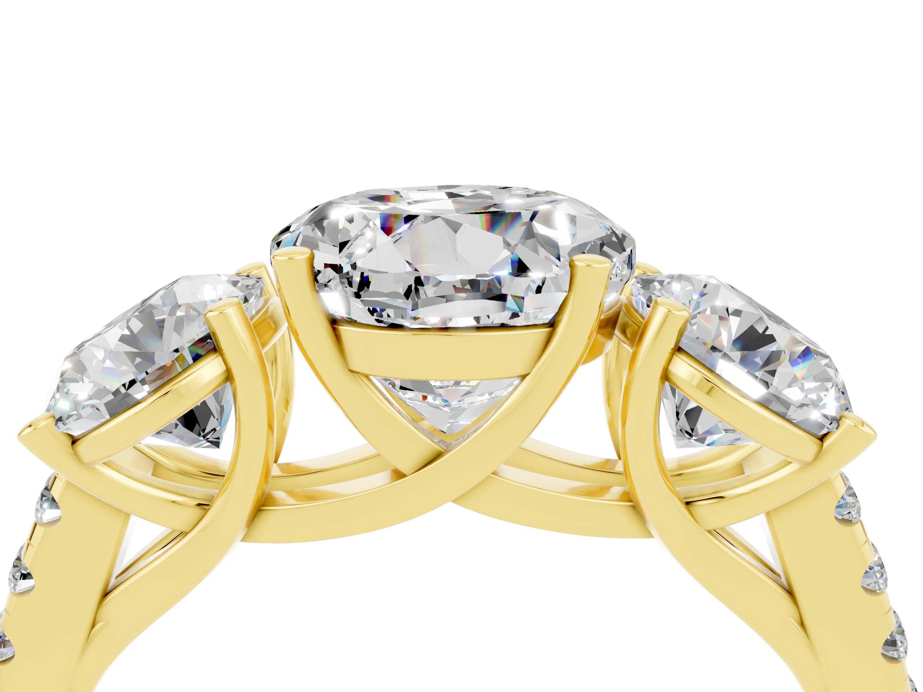 Yellow gold Three-Stone Round Cut Moissanite Ring with Pavé Band and Prong Setting_16