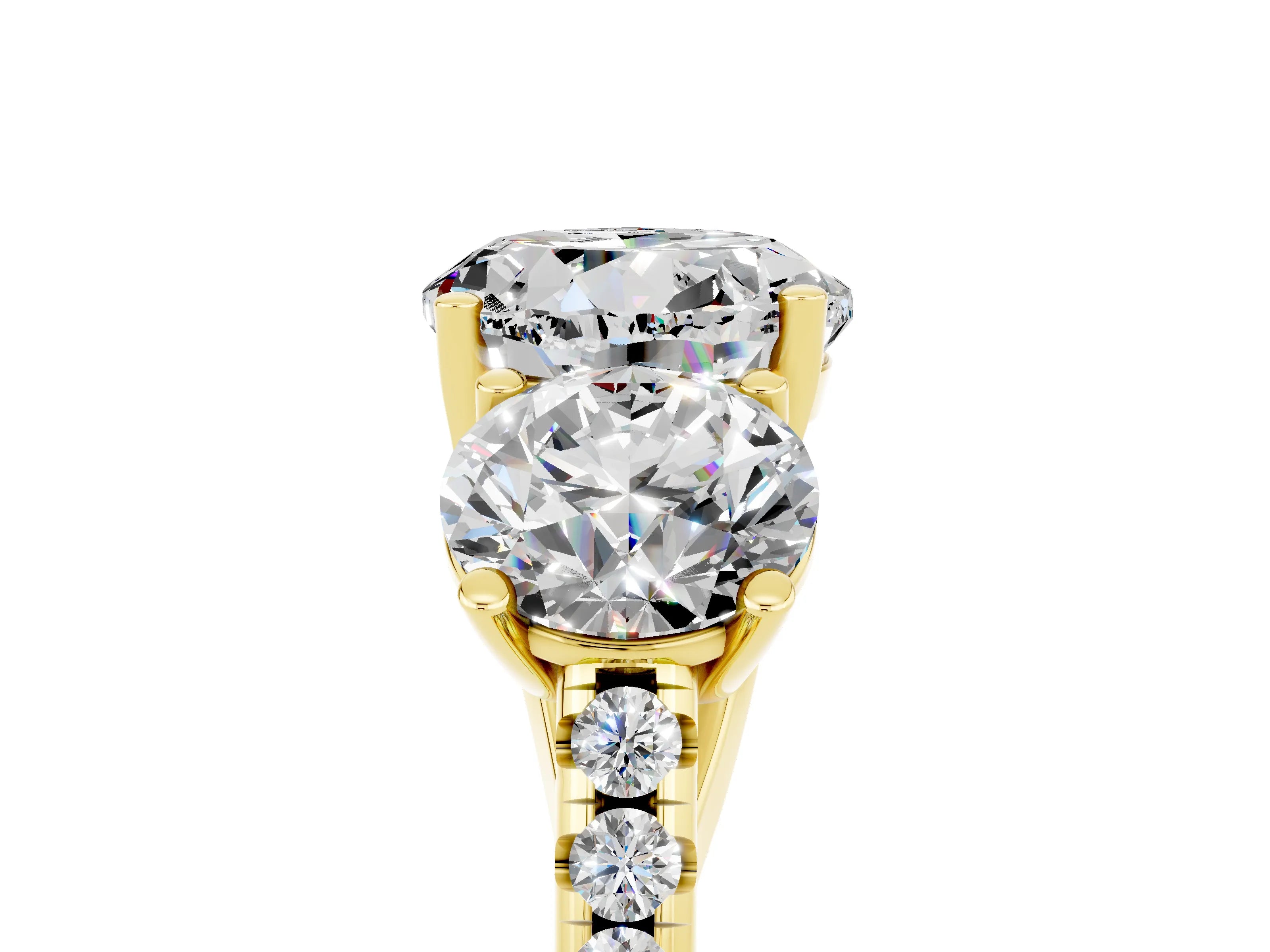 Yellow gold Three-Stone Round Cut Moissanite Ring with Pavé Band and Prong Setting_17