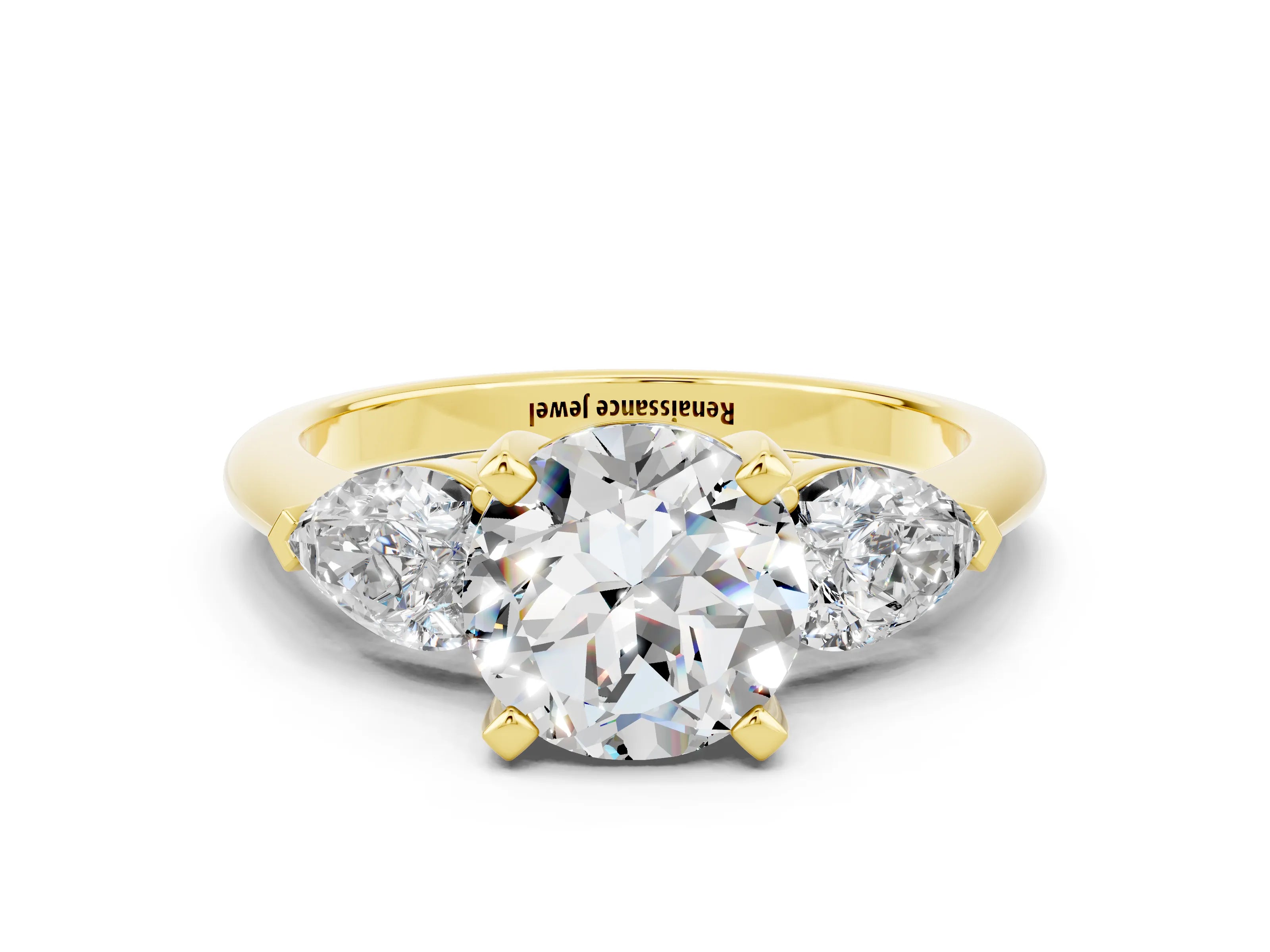 Yellow gold Three-Stone Round Cut Moissanite Ring with Pear Side Stones and Four-Prong Setting