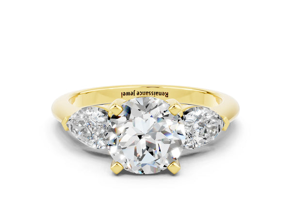 Yellow gold Three-Stone Round Cut Moissanite Ring with Pear Side Stones and Four-Prong Setting