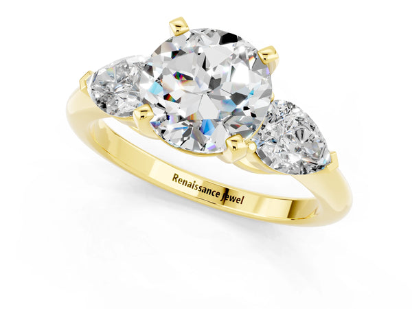 Yellow gold Three-Stone Round Cut Moissanite Ring with Pear Side Stones and Four-Prong Setting