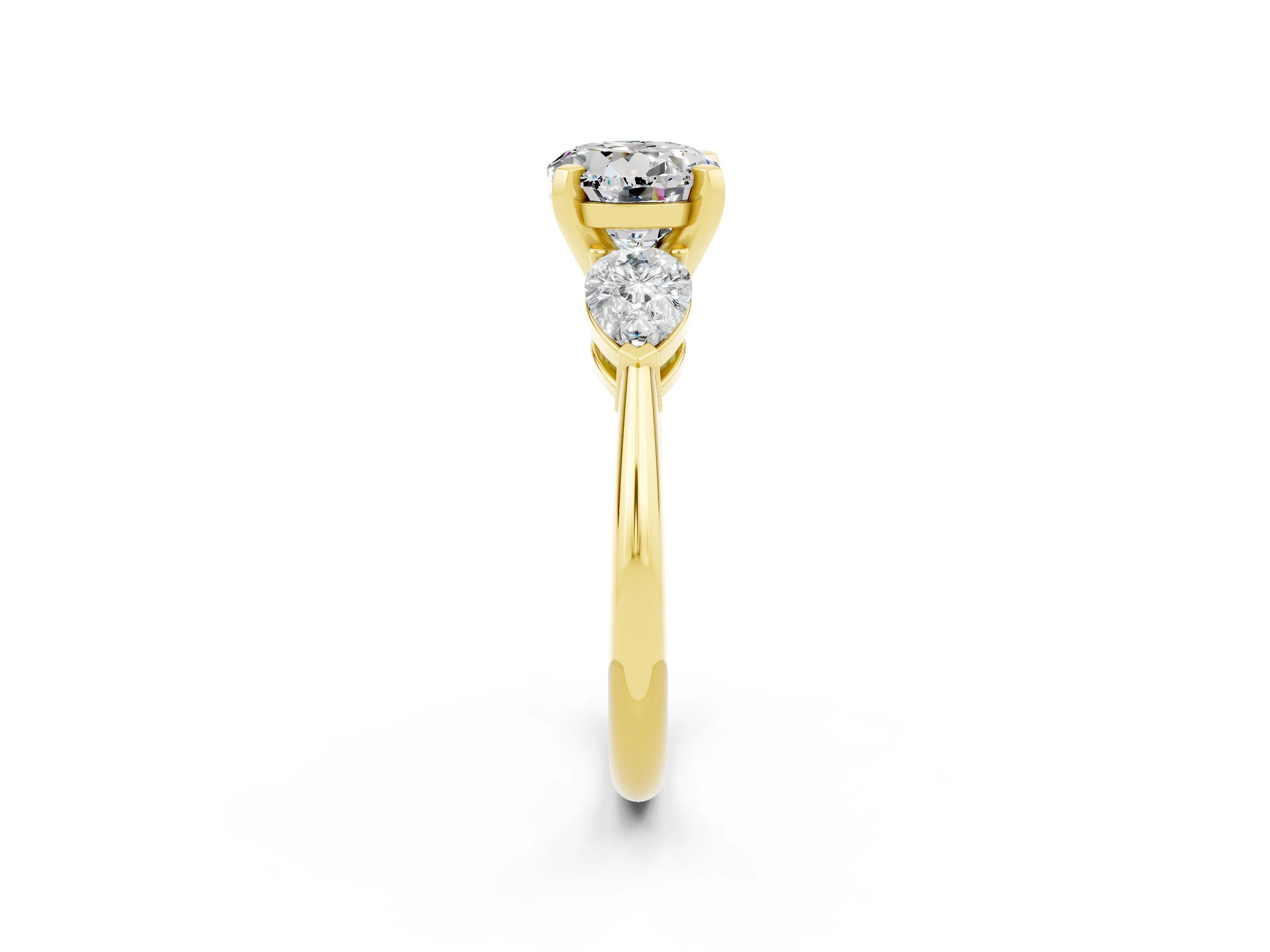 Yellow gold Three-Stone Round Cut Moissanite Ring with Pear Side Stones and Four-Prong Setting_2