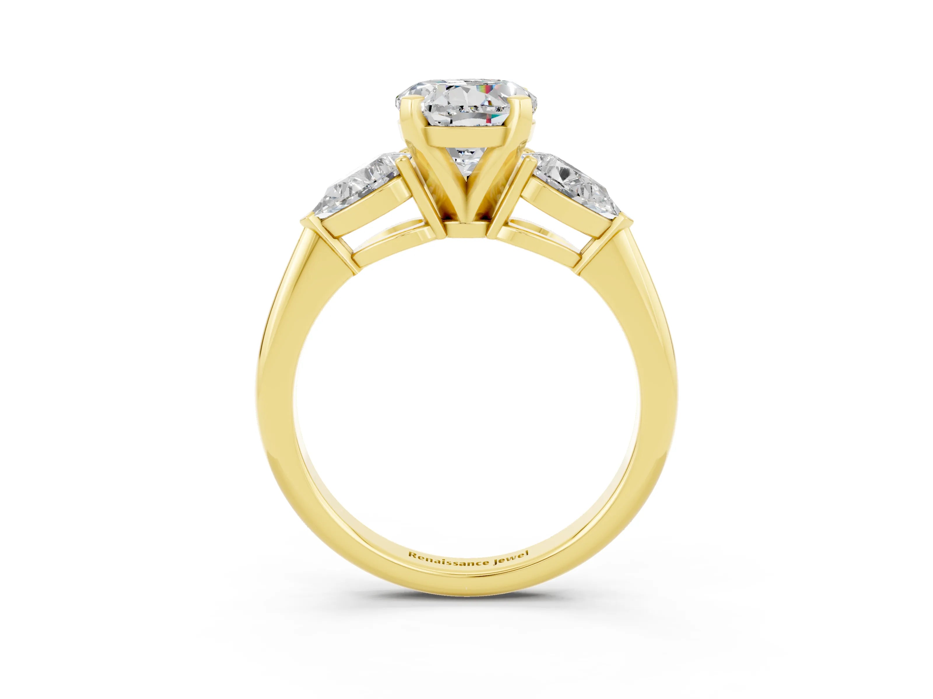 Yellow gold Three-Stone Round Cut Moissanite Ring with Pear Side Stones and Four-Prong Setting_3