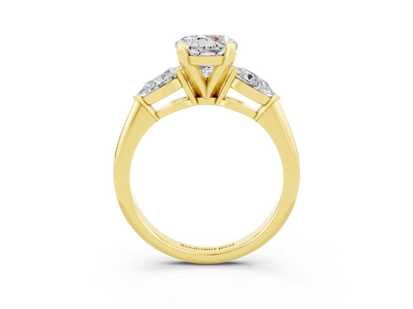 Yellow gold Three-Stone Round Cut Moissanite Ring with Pear Side Stones and Four-Prong Setting