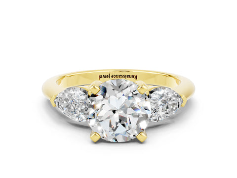 Yellow gold Three-Stone Round Cut Moissanite Ring with Pear Side Stones and Four-Prong Setting