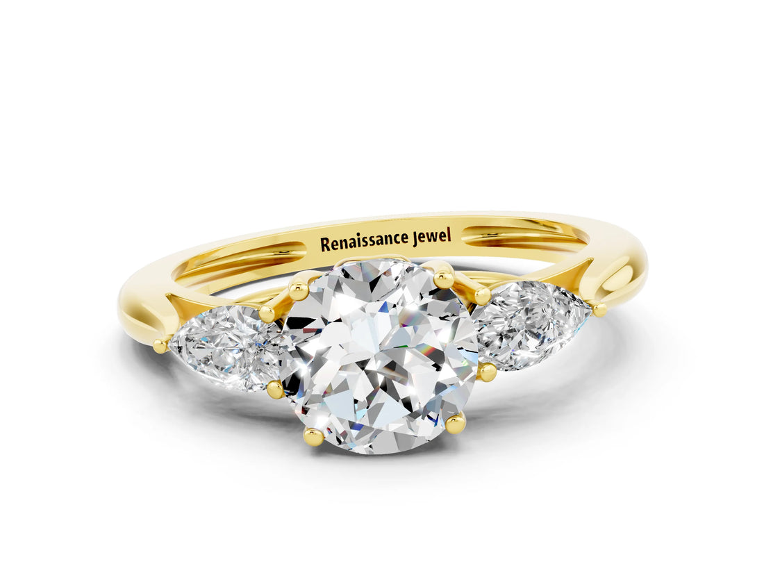 Yellow gold Three-Stone Round Cut Moissanite Ring with Pear  Side Stones in Four-Prong Setting_12