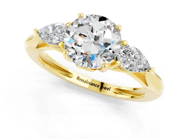 Yellow gold Three-Stone Round Cut Moissanite Ring with Pear  Side Stones in Four-Prong Setting