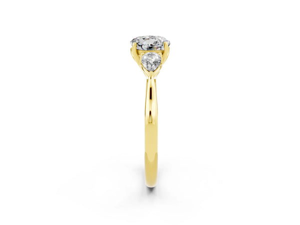 Yellow gold Three-Stone Round Cut Moissanite Ring with Pear  Side Stones in Four-Prong Setting
