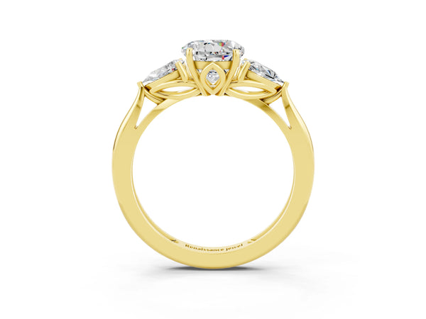 Yellow gold Three-Stone Round Cut Moissanite Ring with Pear  Side Stones in Four-Prong Setting