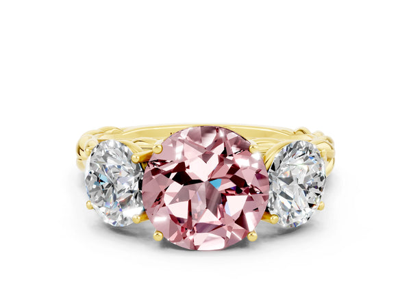 Yellow gold Three-Stone Round Cut Morganite Braided Band Ring with Four-Prong Setting