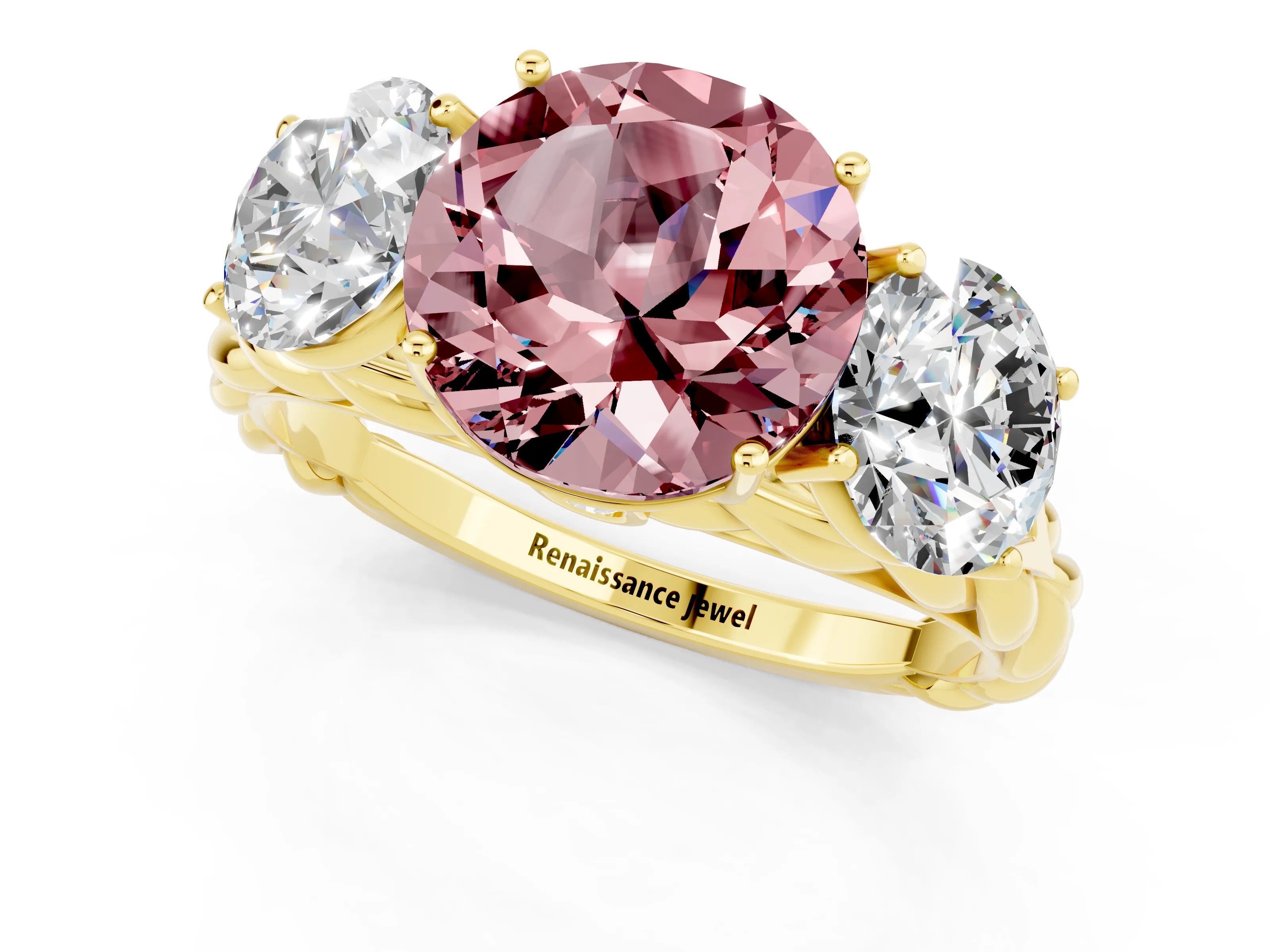 Yellow gold Three-Stone Round Cut Morganite Braided Band Ring with Four-Prong Setting_13
