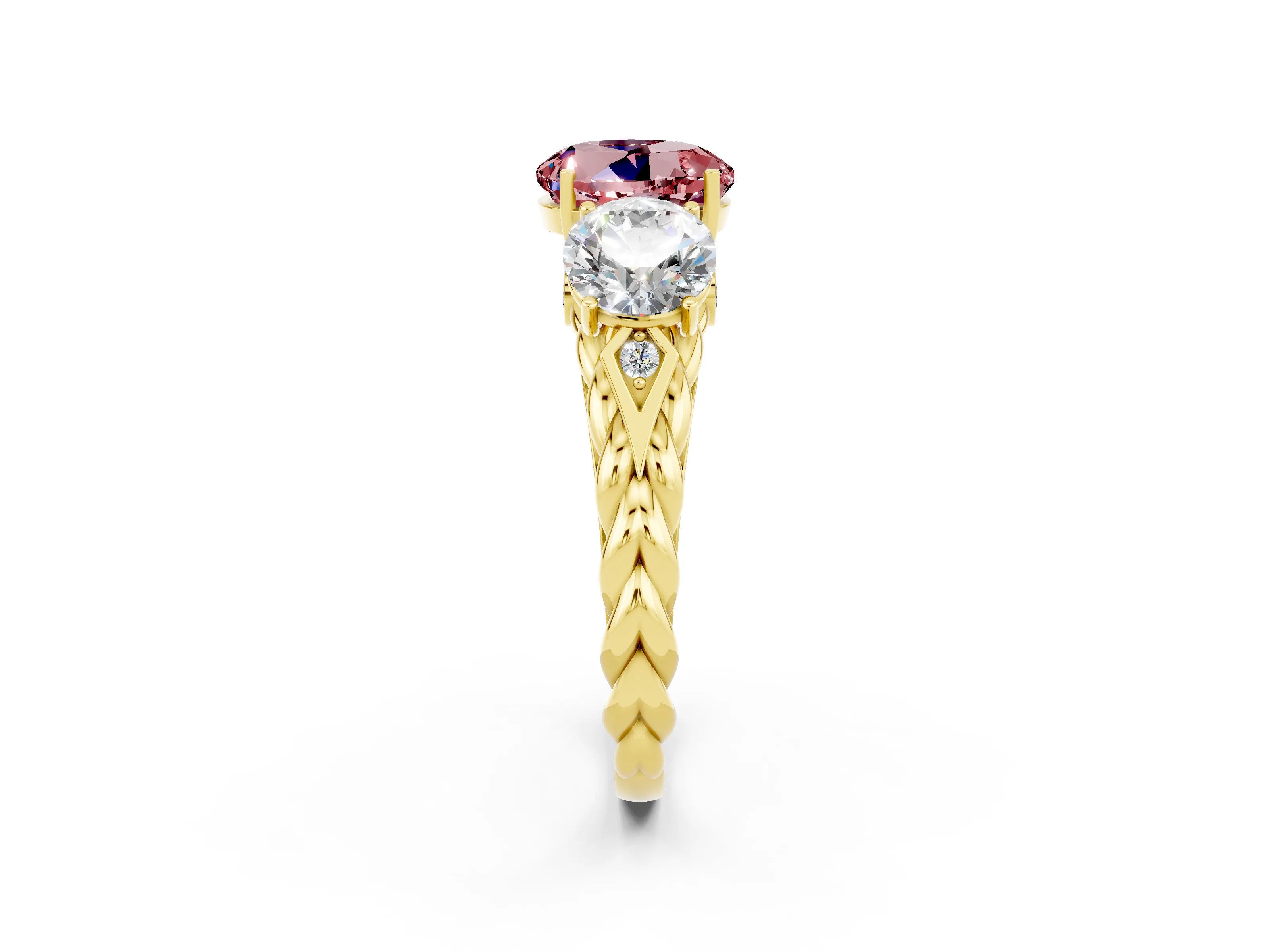 Yellow gold Three-Stone Round Cut Morganite Braided Band Ring with Four-Prong Setting_14