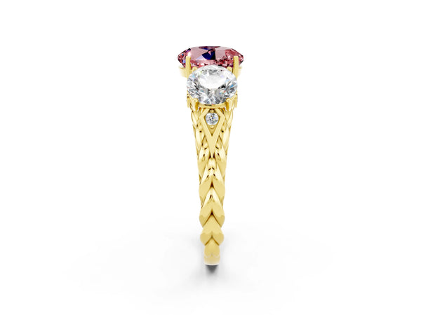 Yellow gold Three-Stone Round Cut Morganite Braided Band Ring with Four-Prong Setting