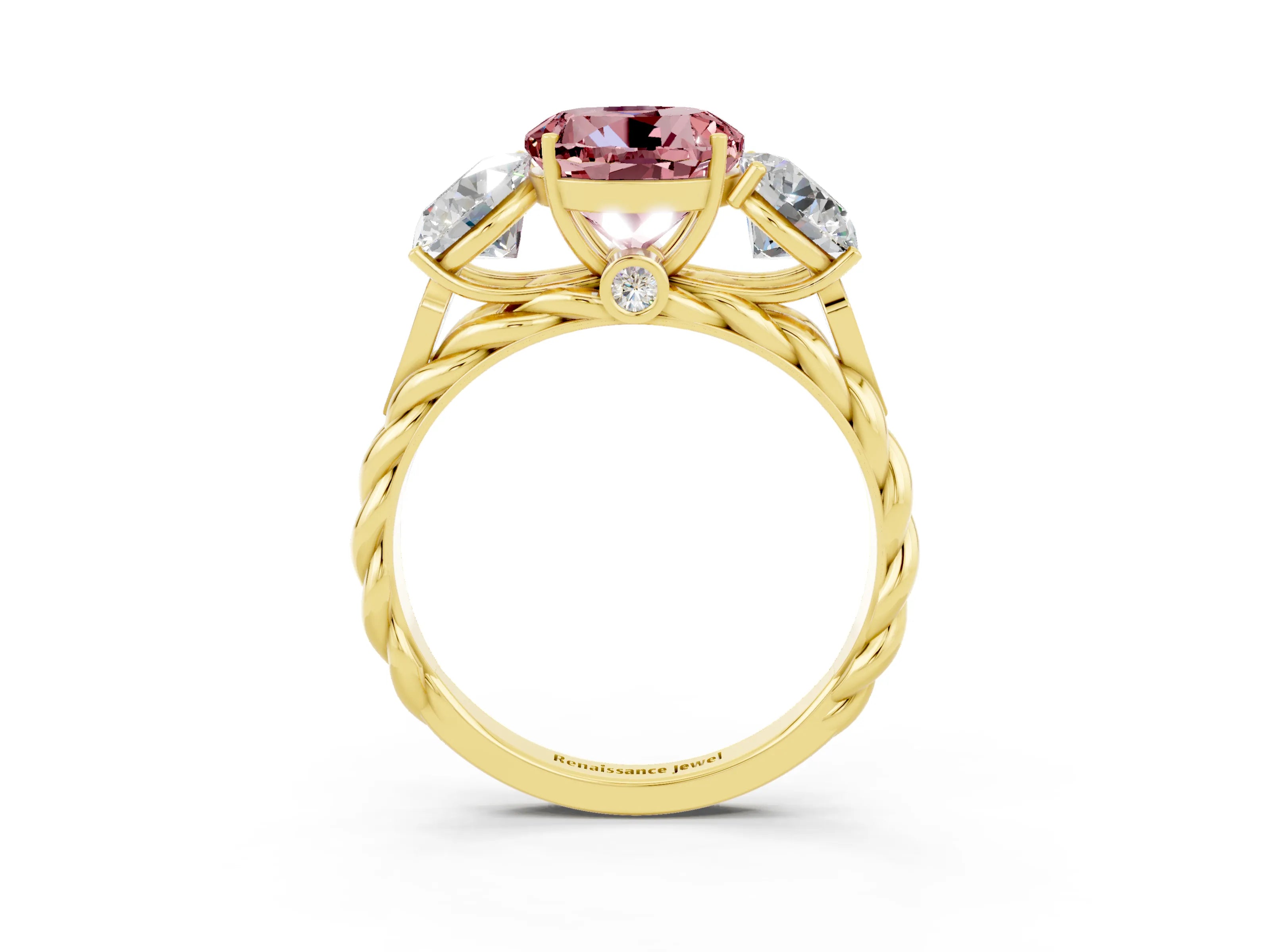 Yellow gold Three-Stone Round Cut Morganite Braided Band Ring with Four-Prong Setting_15