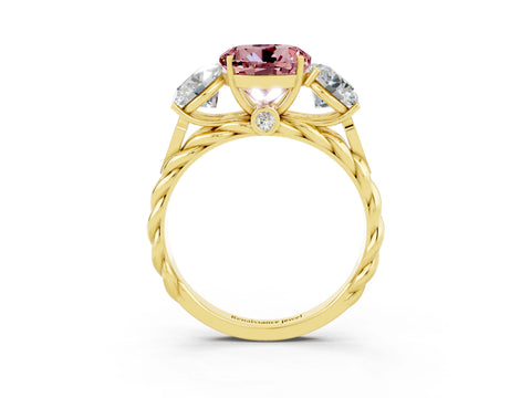 Yellow gold Three-Stone Round Cut Morganite Braided Band Ring with Four-Prong Setting_15