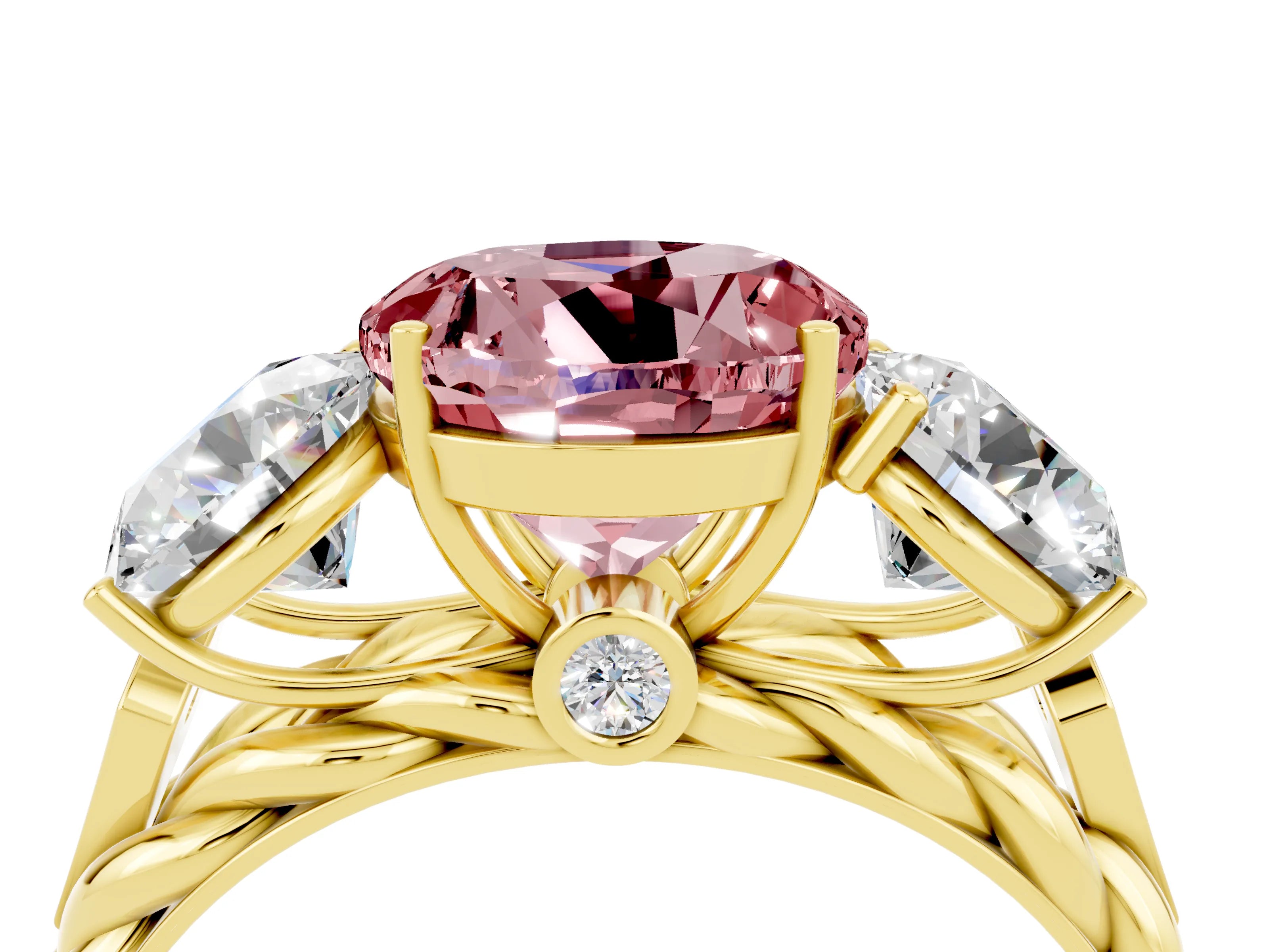 Yellow gold Three-Stone Round Cut Morganite Braided Band Ring with Four-Prong Setting_16