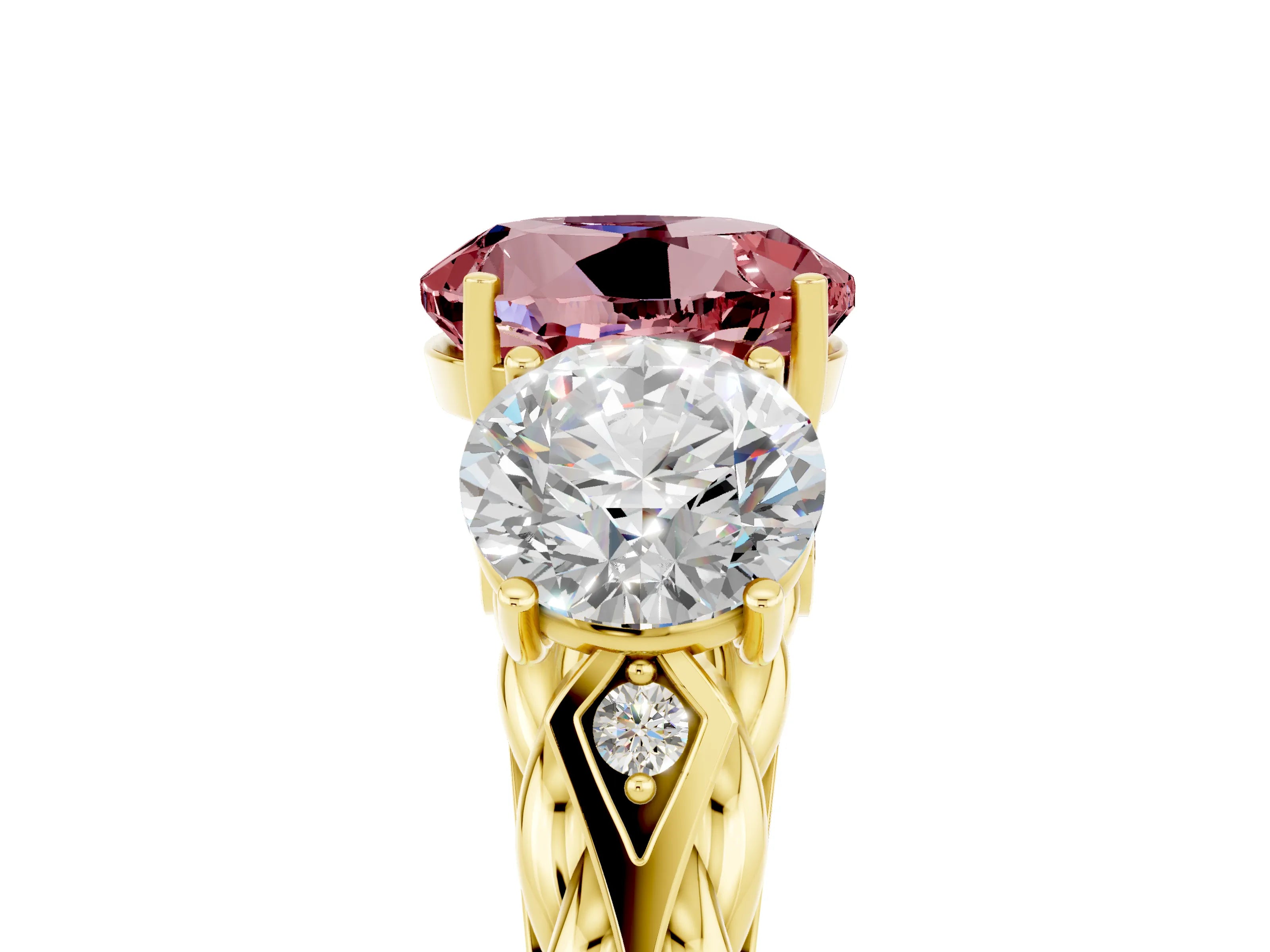 Yellow gold Three-Stone Round Cut Morganite Braided Band Ring with Four-Prong Setting_17