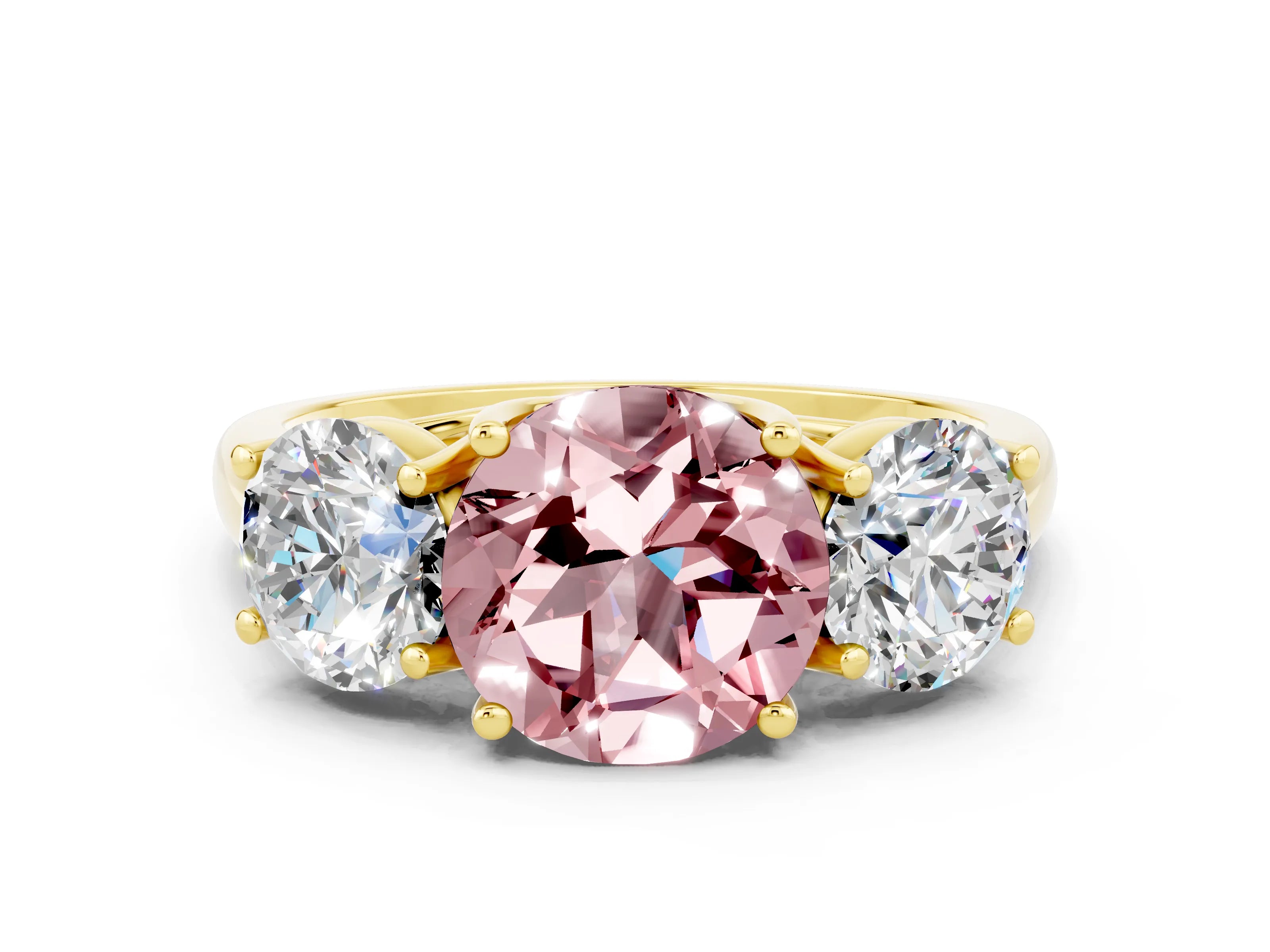 Yellow gold Three-Stone Round Cut Morganite Engagement Ring with Prong Setting