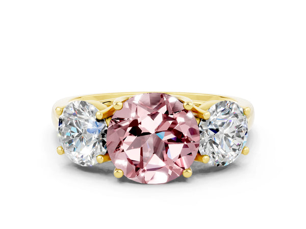 Yellow gold Three-Stone Round Cut Morganite Engagement Ring with Prong Setting