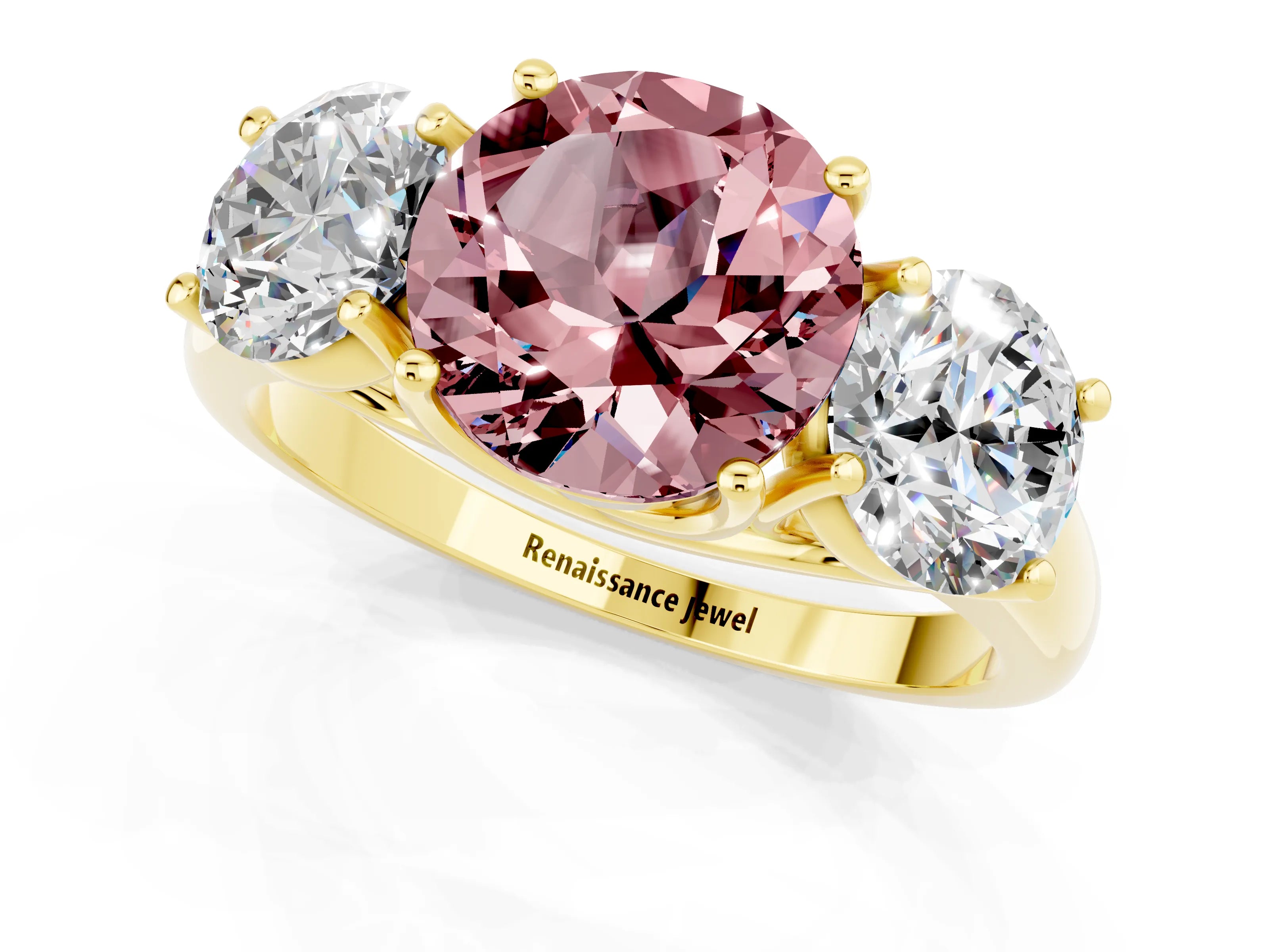 Yellow gold Three-Stone Round Cut Morganite Engagement Ring with Prong Setting_1