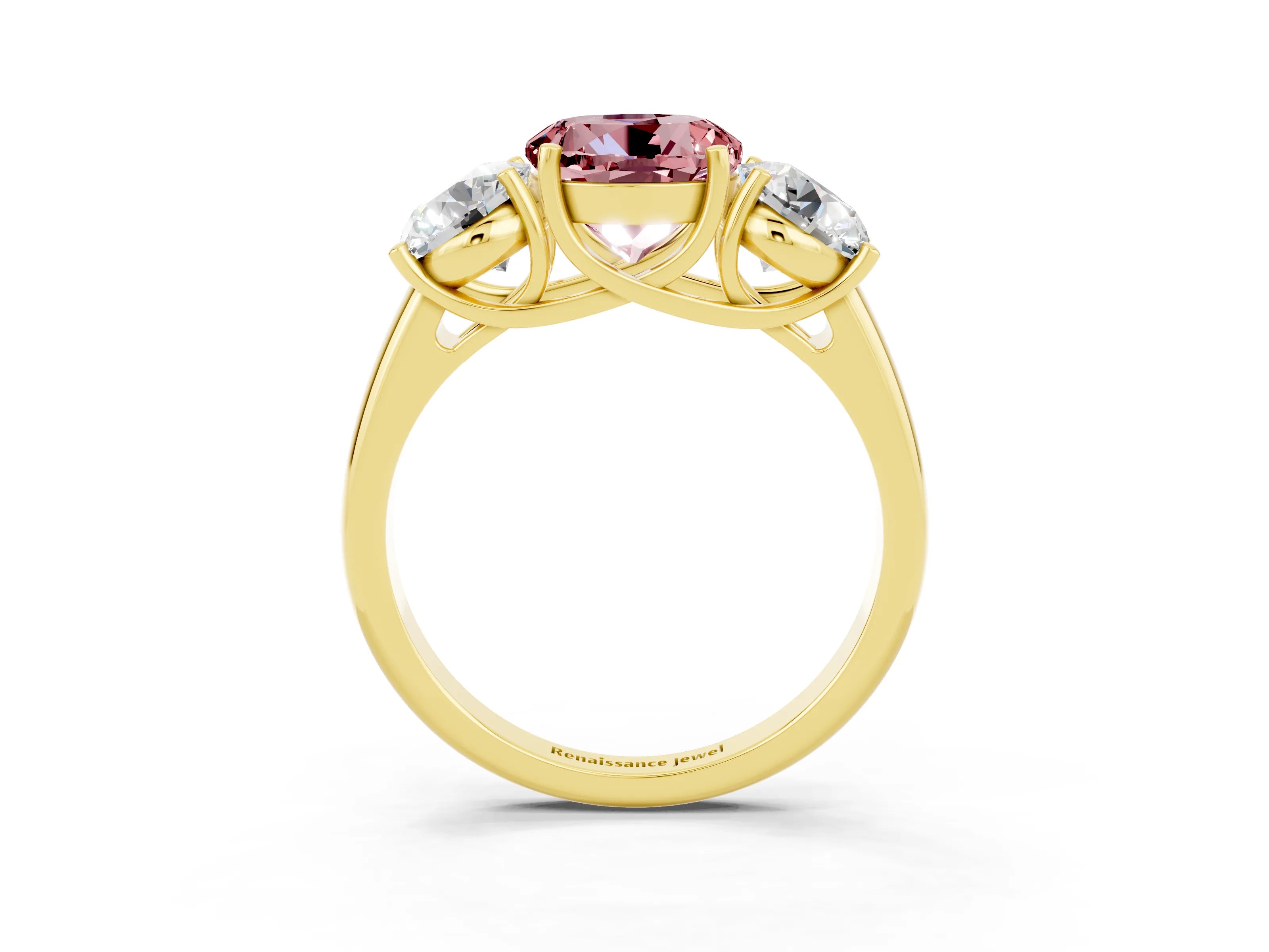 Yellow gold Three-Stone Round Cut Morganite Engagement Ring with Prong Setting_3