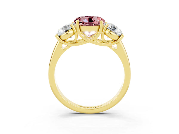 Yellow gold Three-Stone Round Cut Morganite Engagement Ring with Prong Setting