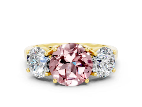 Yellow gold Three-Stone Round Cut Morganite Engagement Ring with Prong Setting