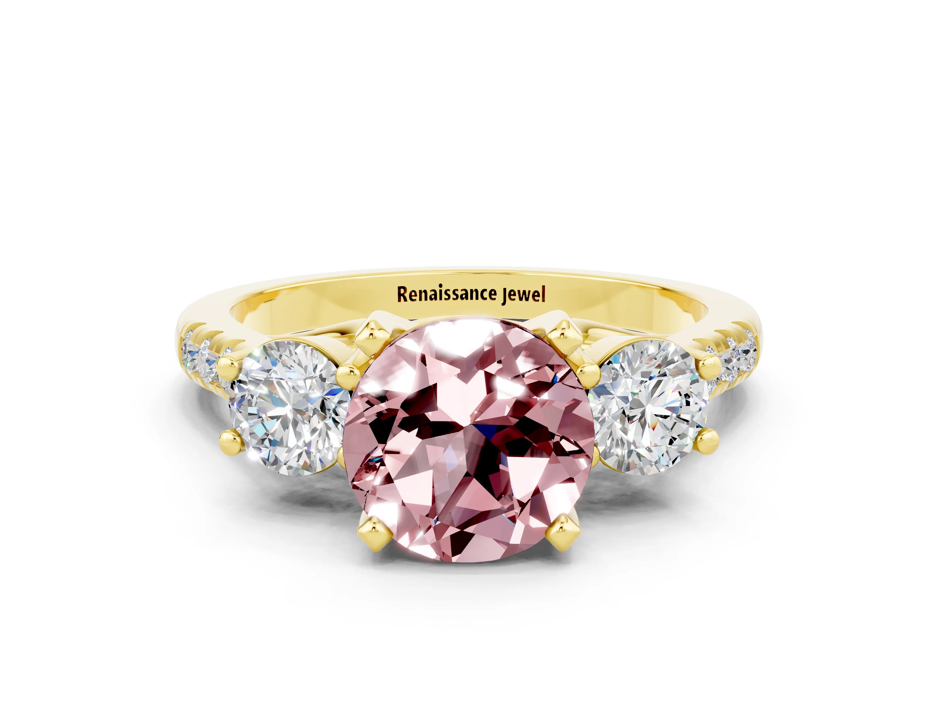 Yellow gold Three-Stone Round Cut Morganite Pavé Band with Four-Prong Setting