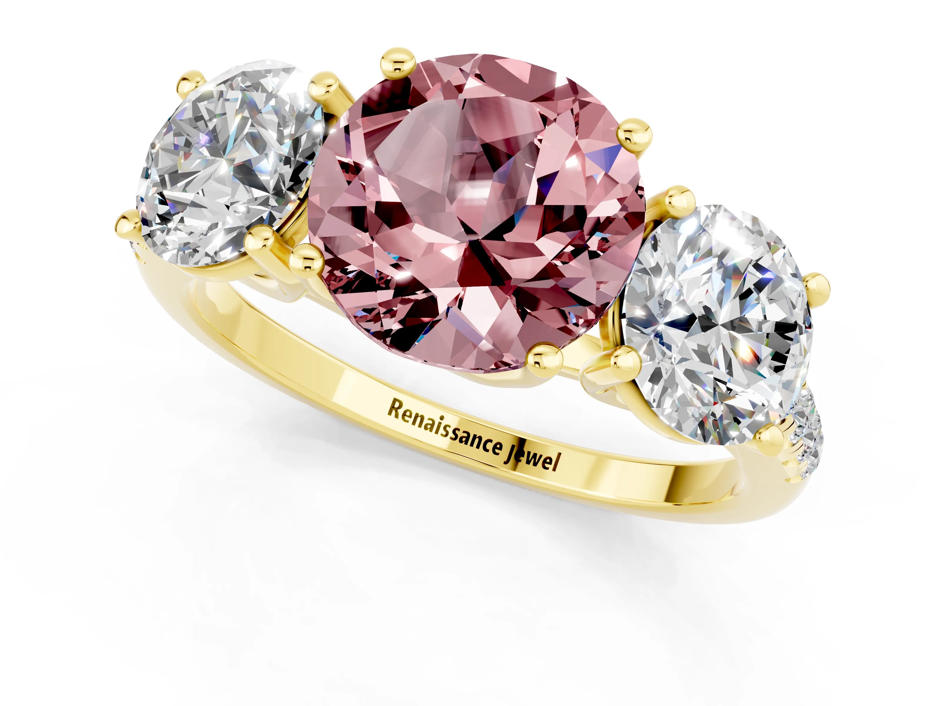 Yellow gold Three-Stone Round Cut Morganite Ring with Pavé Band and Prong Setting_13