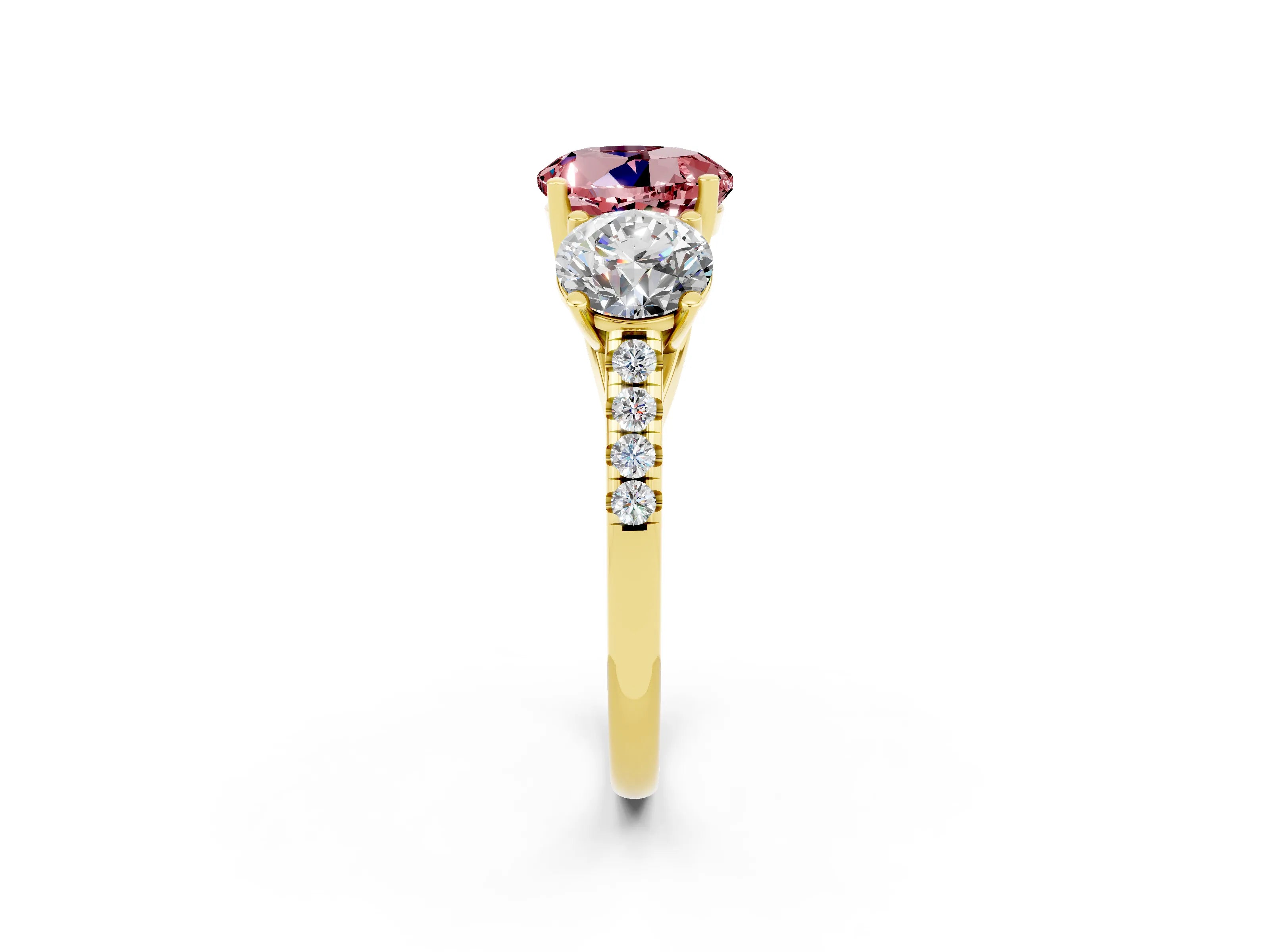 Yellow gold Three-Stone Round Cut Morganite Ring with Pavé Band and Prong Setting_14
