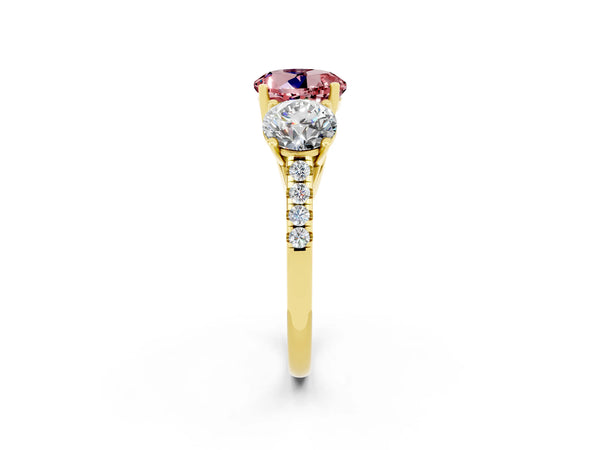 Yellow gold Three-Stone Round Cut Morganite Ring with Round  Pavé Band and Prong Setting