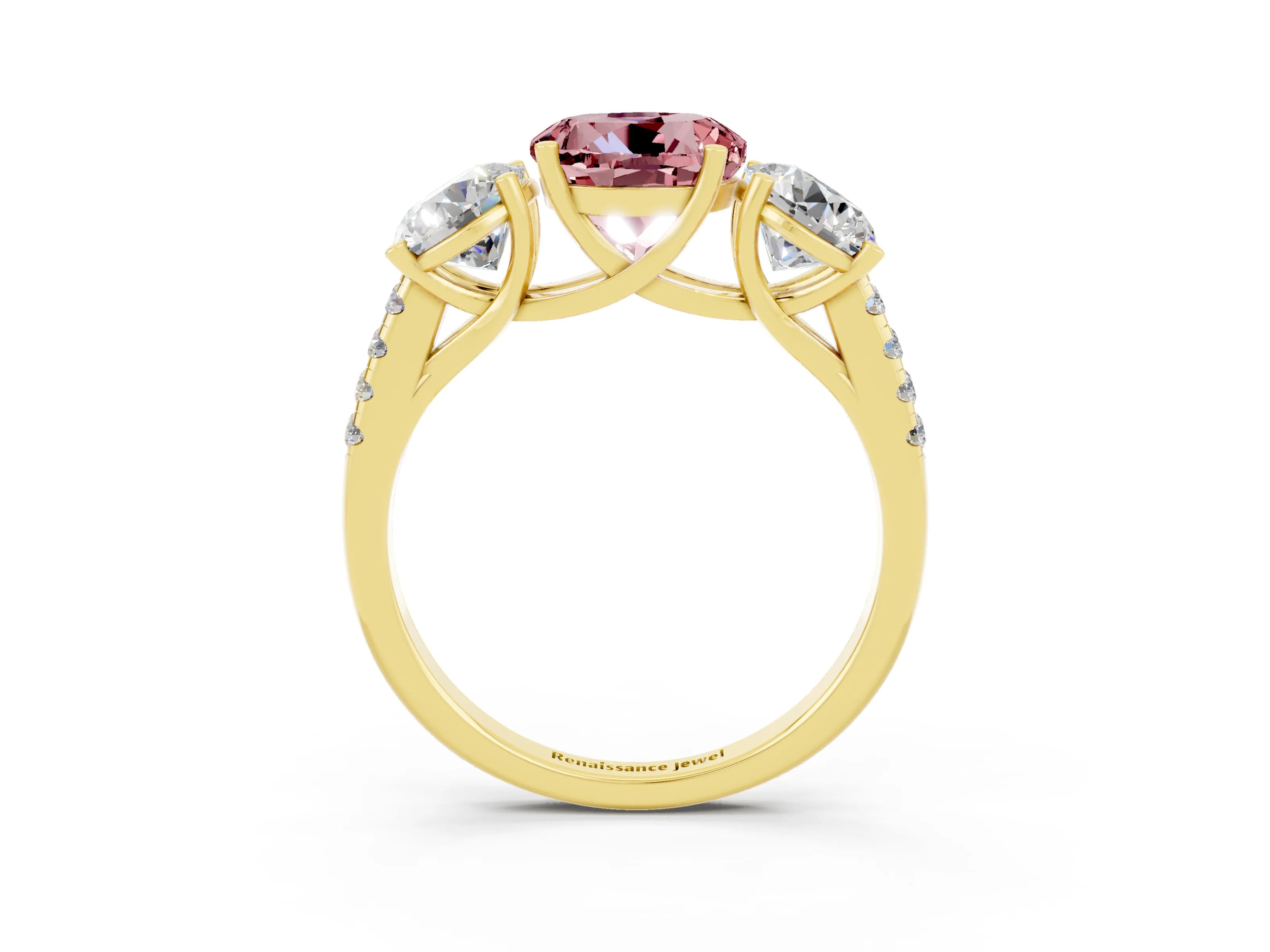 Yellow gold Three-Stone Round Cut Morganite Ring with Pavé Band and Prong Setting_15