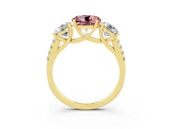 Yellow gold Three-Stone Round Cut Morganite Ring with Round  Pavé Band and Prong Setting