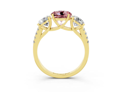 Yellow gold Three-Stone Round Cut Morganite Ring with Pavé Band and Prong Setting_15