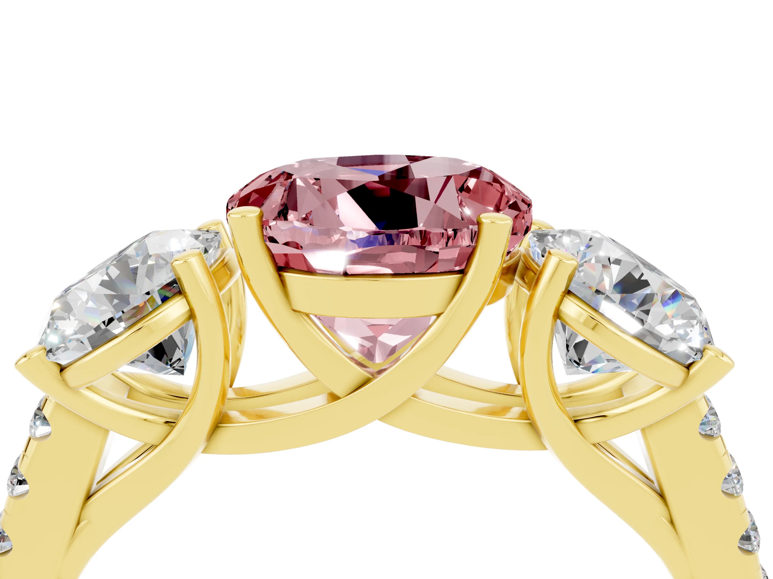 Yellow gold Three-Stone Round Cut Morganite Ring with Pavé Band and Prong Setting_16