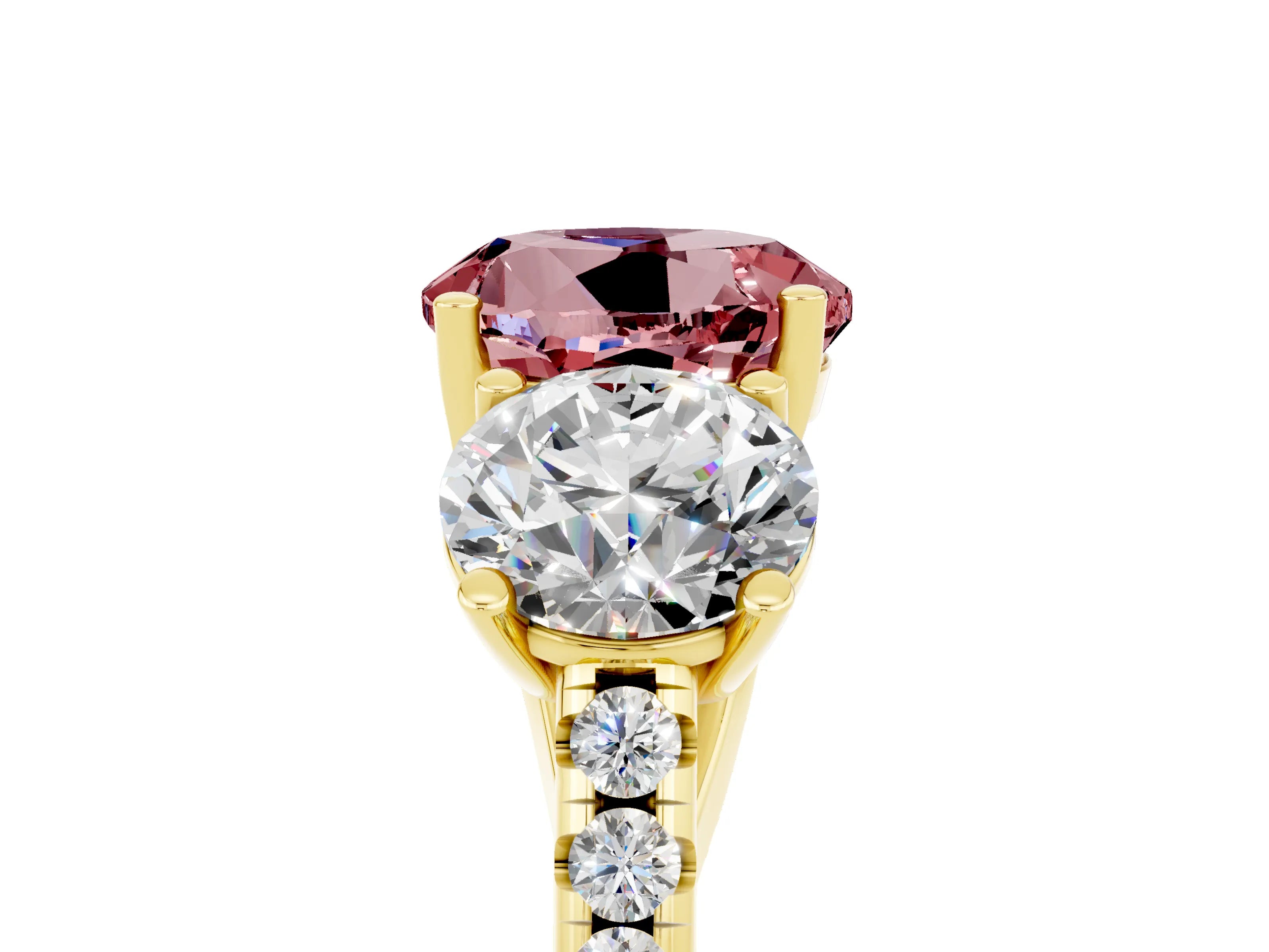 Yellow gold Three-Stone Round Cut Morganite Ring with Pavé Band and Prong Setting_17
