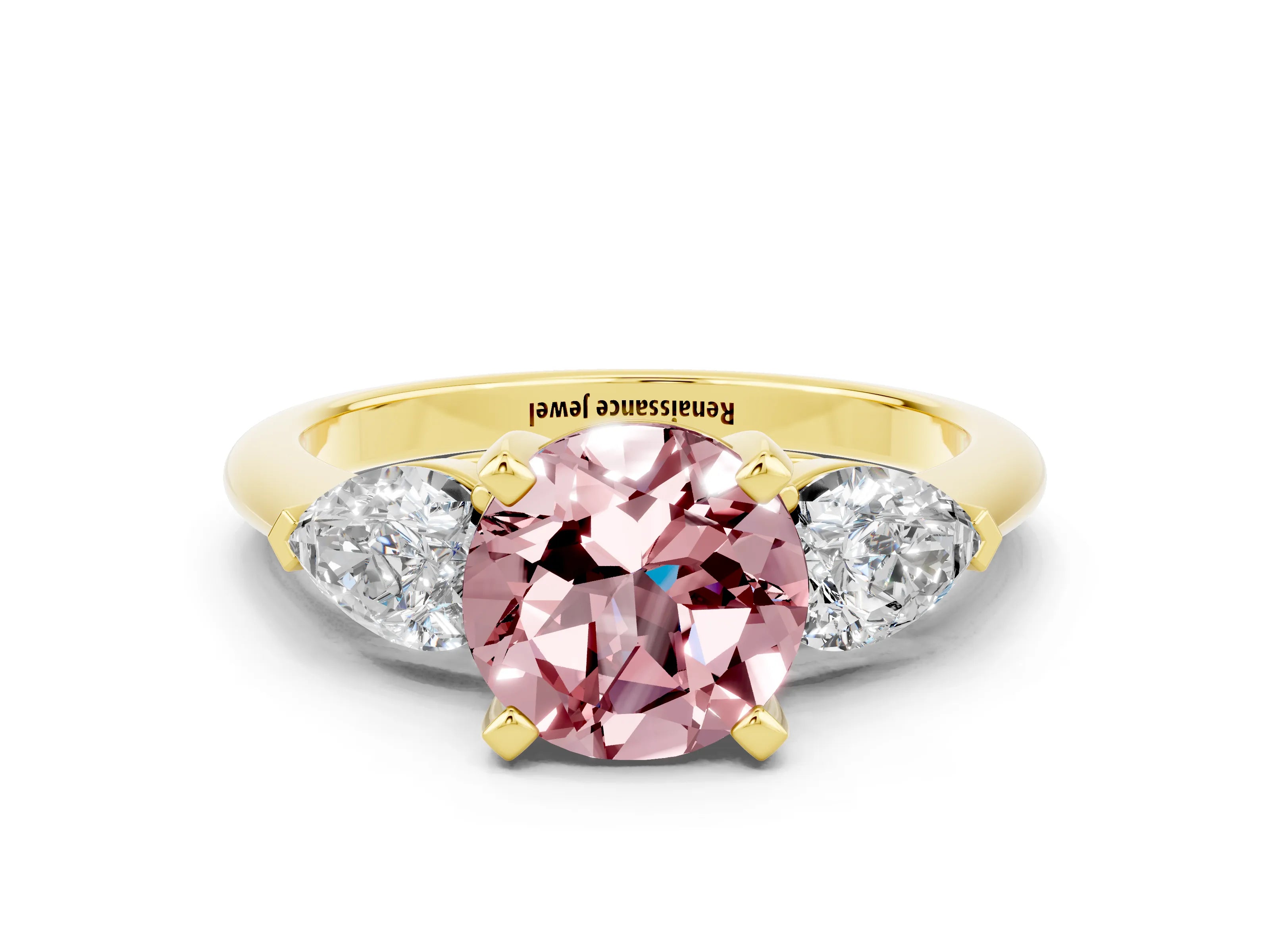 Yellow gold Three-Stone Round Cut Morganite Ring with Pear Side Stones and Four-Prong Setting