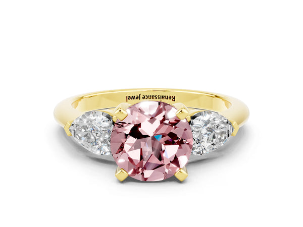 Yellow gold Three-Stone Round Cut Morganite Ring with Pear Side Stones and Four-Prong Setting