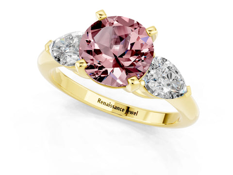 Yellow gold Three-Stone Round Cut Morganite Ring with Pear Side Stones and Four-Prong Setting_1