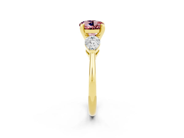 Yellow gold Three-Stone Round Cut Morganite Ring with Pear Side Stones and Four-Prong Setting