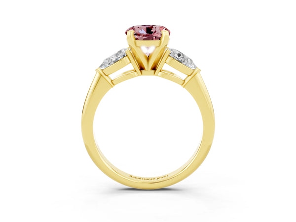 Yellow gold Three-Stone Round Cut Morganite Ring with Pear Side Stones and Four-Prong Setting
