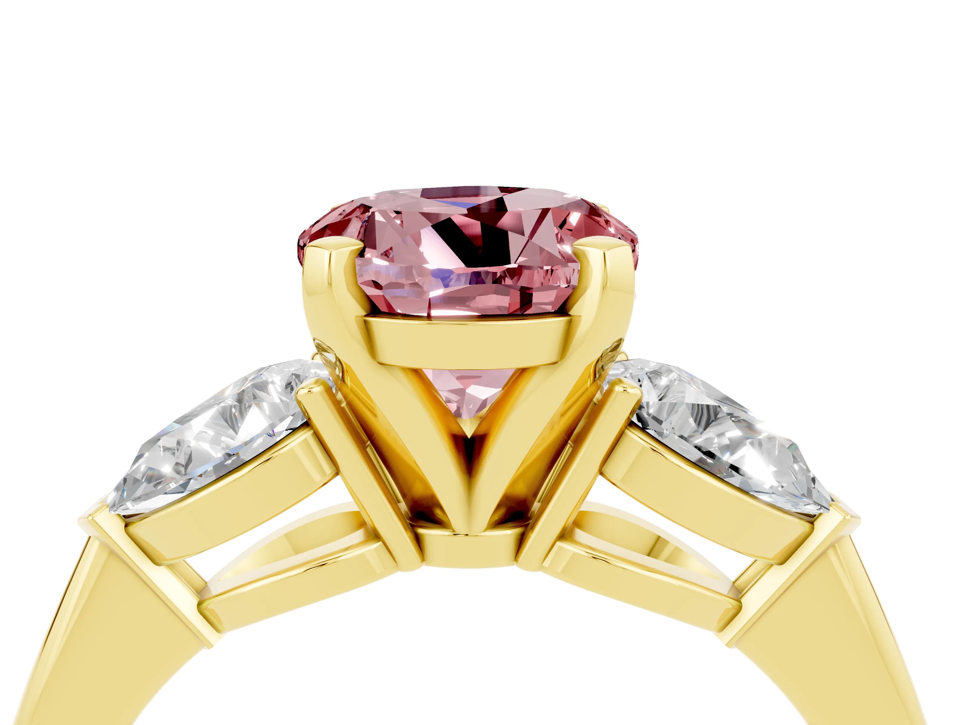 Yellow gold Three-Stone Round Cut Morganite Ring with Pear Side Stones and Four-Prong Setting_4